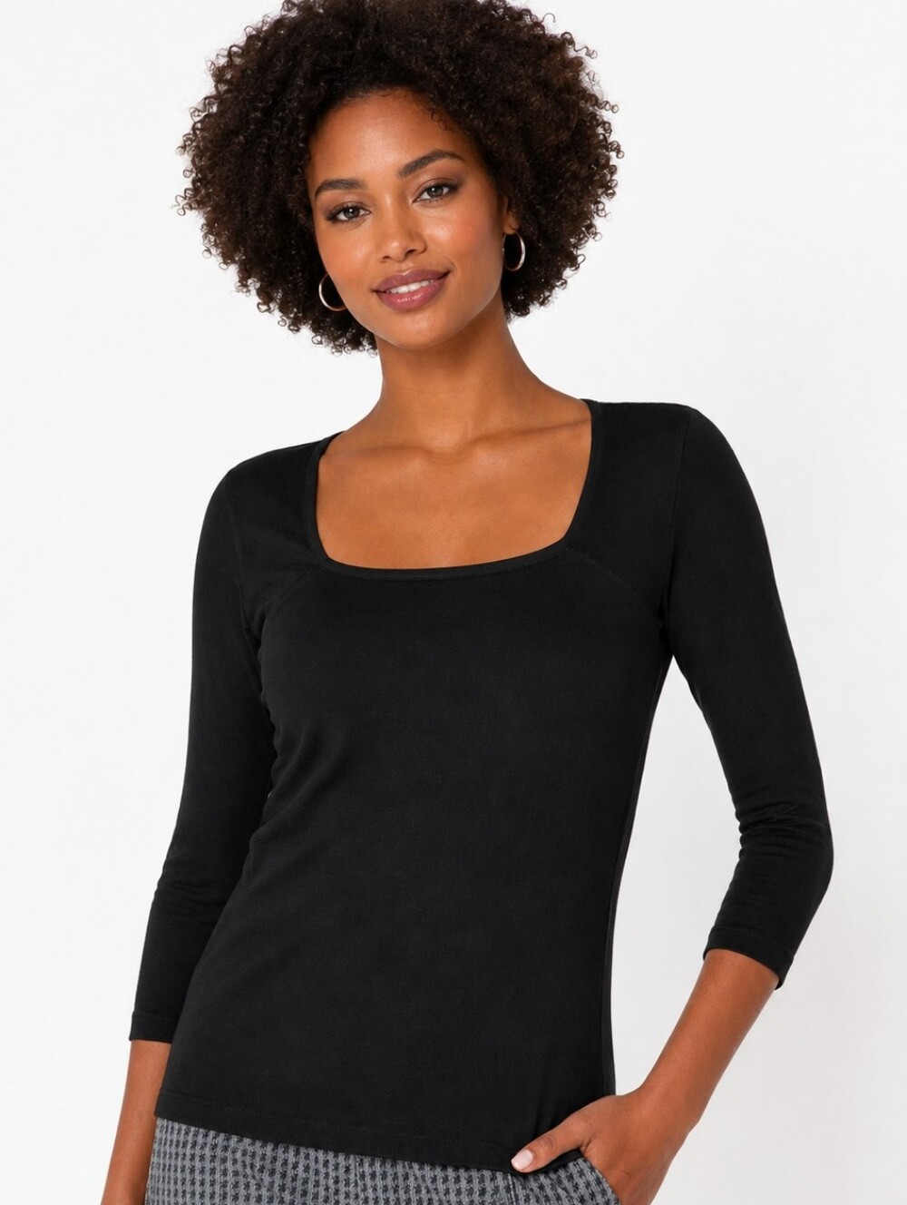 ❤️ LIVERPOOL JEANS COMPANY SQUARE NECK BLACK RIBBED TOP, 3/4 SLEEVE, XS